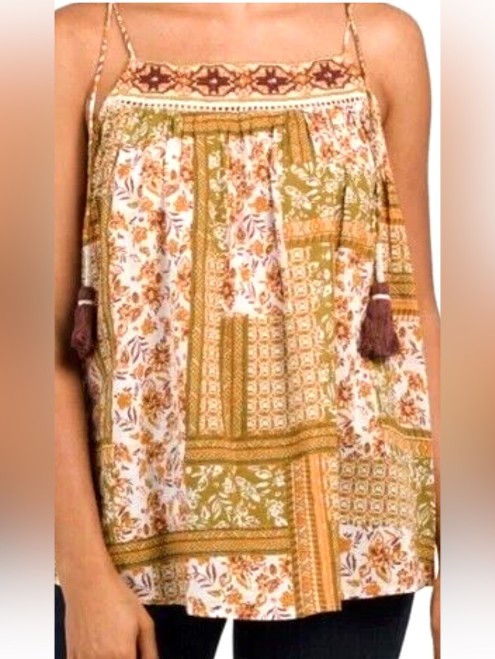 NWT Nicole Miller Olive and Cream Patchwork Print Spaghetti Strap Blouse Sz S